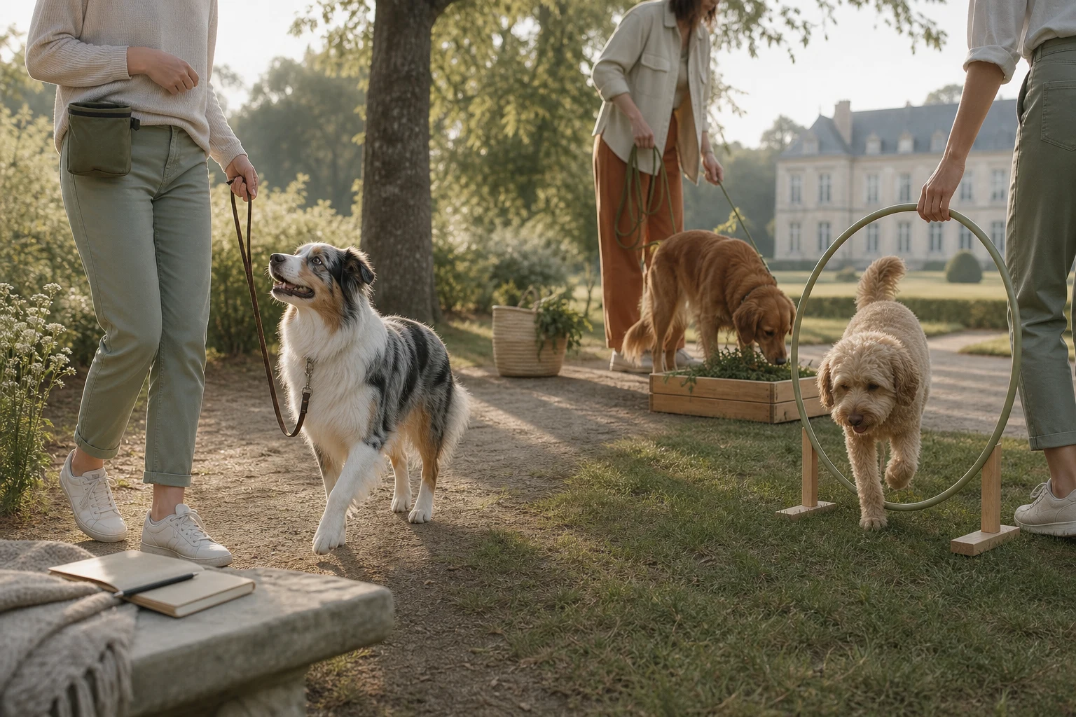 Chien et humaine partageant une activité calme en plein air, illustration éditoriale