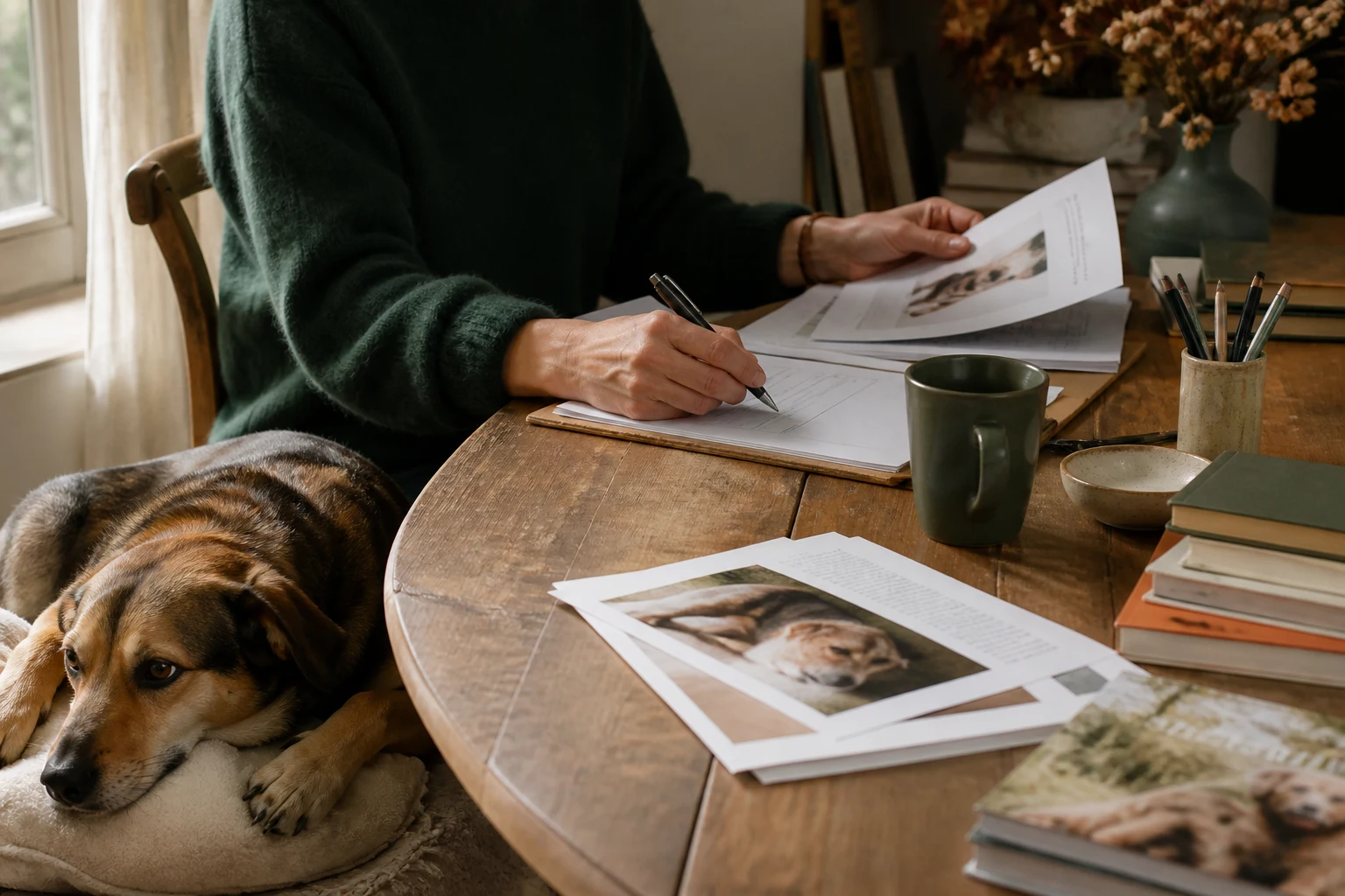 Une personne relit des documents sur les activités canines tandis qu’un chien se repose à proximité
