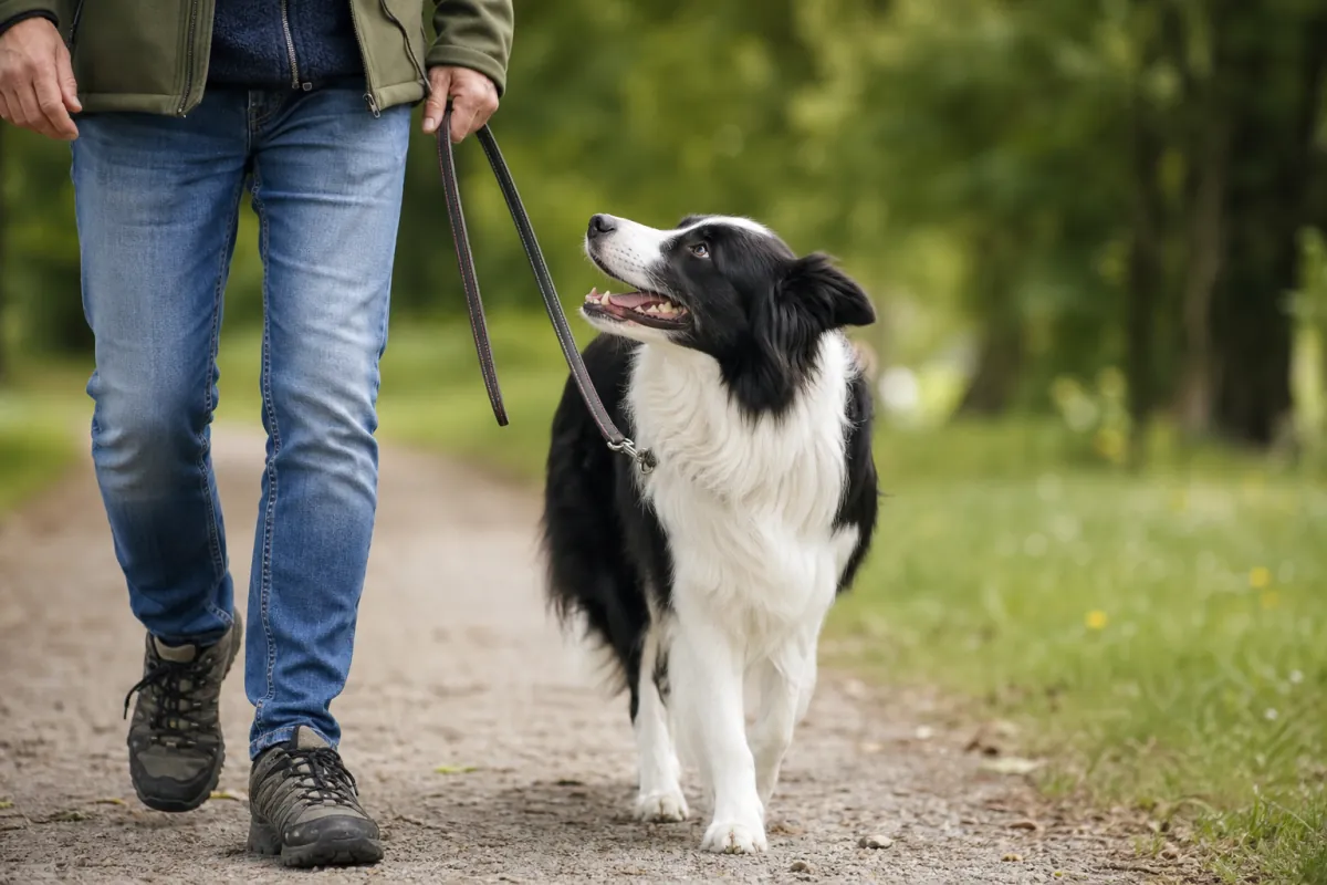 Chien marchant près d'une humaine avec une laisse détendue dans un parc, illustration éditoriale