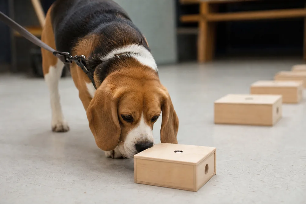 Chien recherchant une odeur dans une boîte de nosework