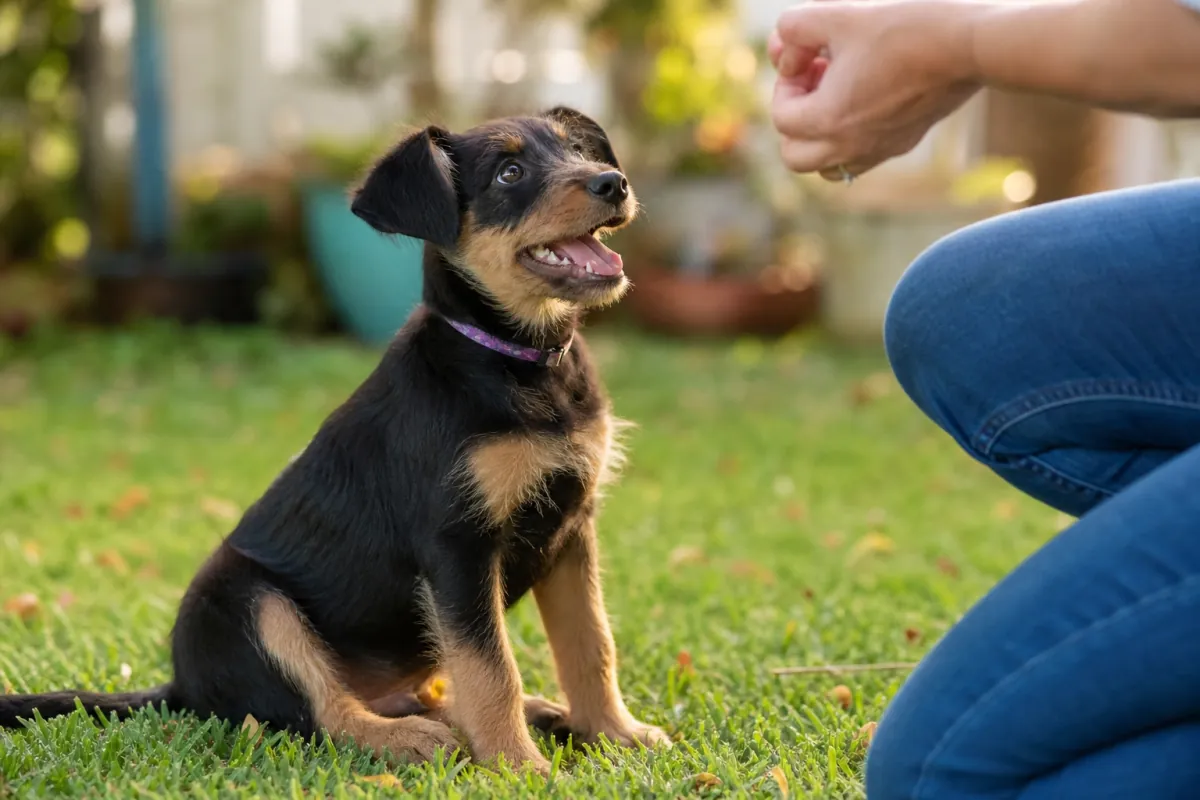 Illustration d’un chiot observant calmement son humain pendant une séance éducative